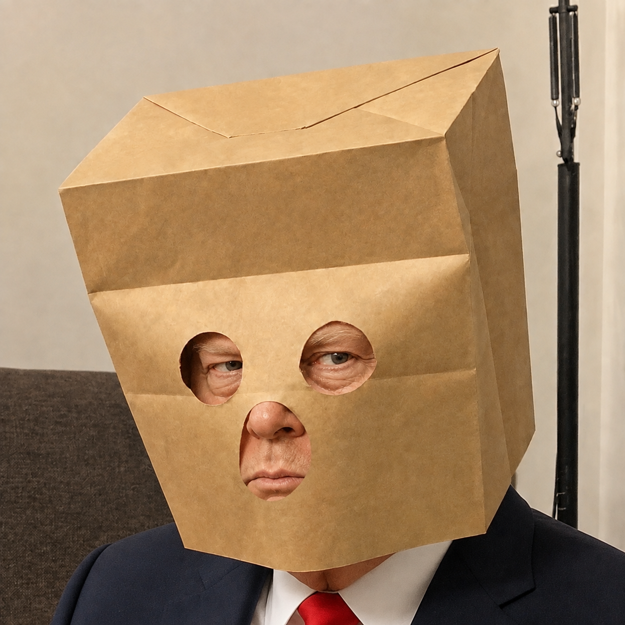 Anonymous Trump in kraft paper mask